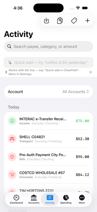 Activity screen on iPhone with a quick-add field and imported transactions grouped by day