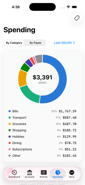 Spending screen on iPhone with a category donut chart and a ranked list of categories