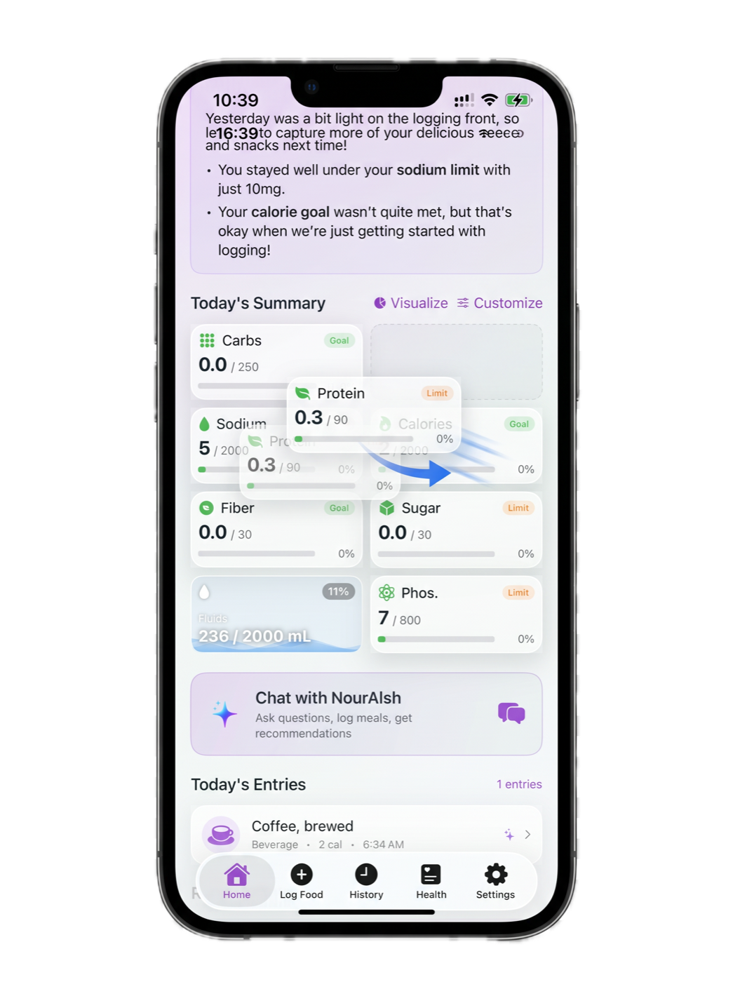 The NourAIsh Dashboard on iPhone with a Today's Summary tile lifted mid-drag as it is rearranged