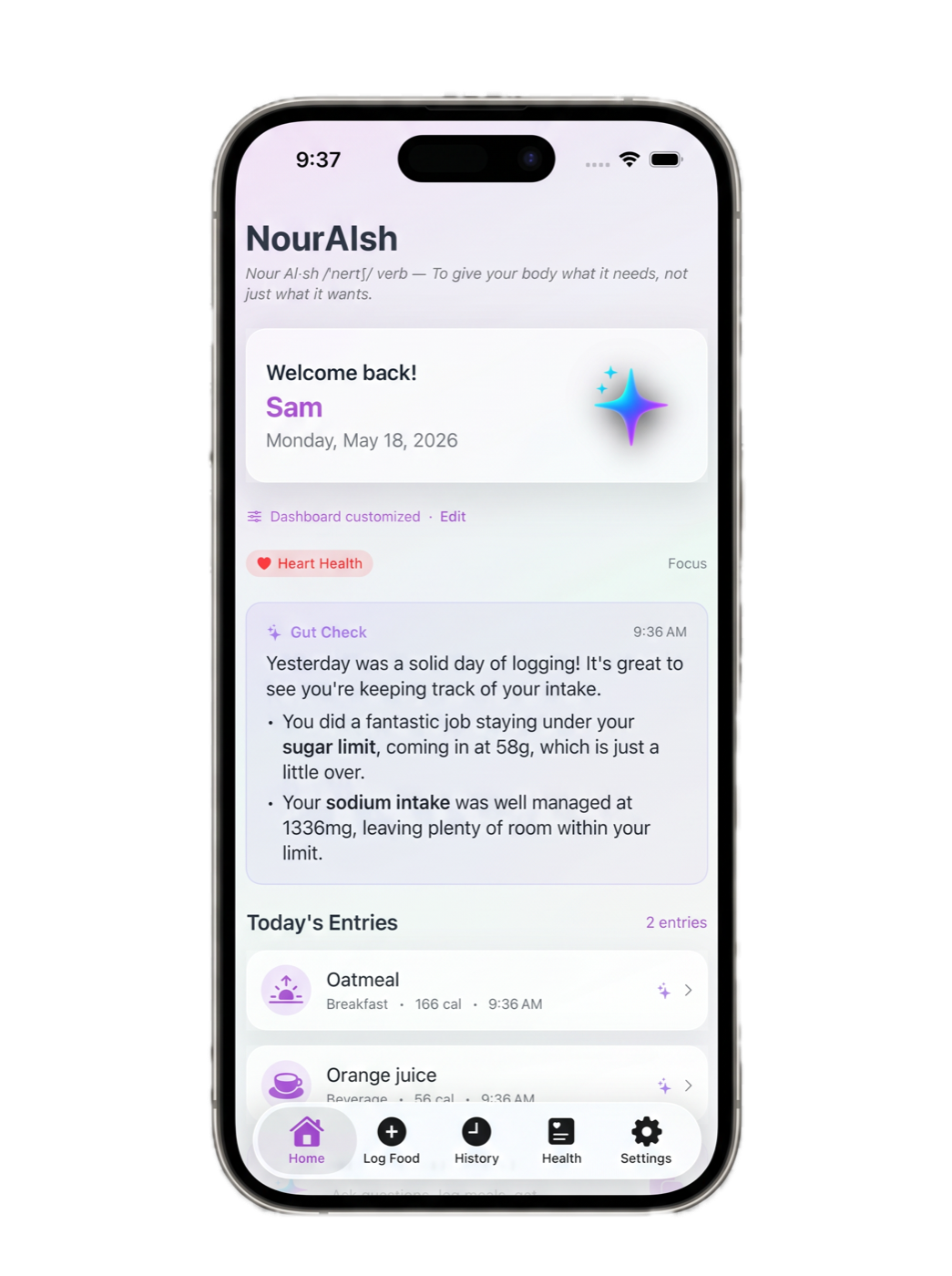 The NourAIsh Dashboard on iPhone showing the Gut Check card with a friendly AI-written recap of yesterday