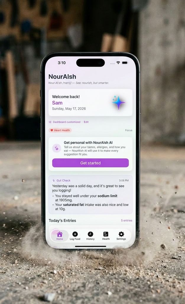 NourAIsh on iPhone showing the refreshed Dashboard with the new Get personal with NourAIsh AI card