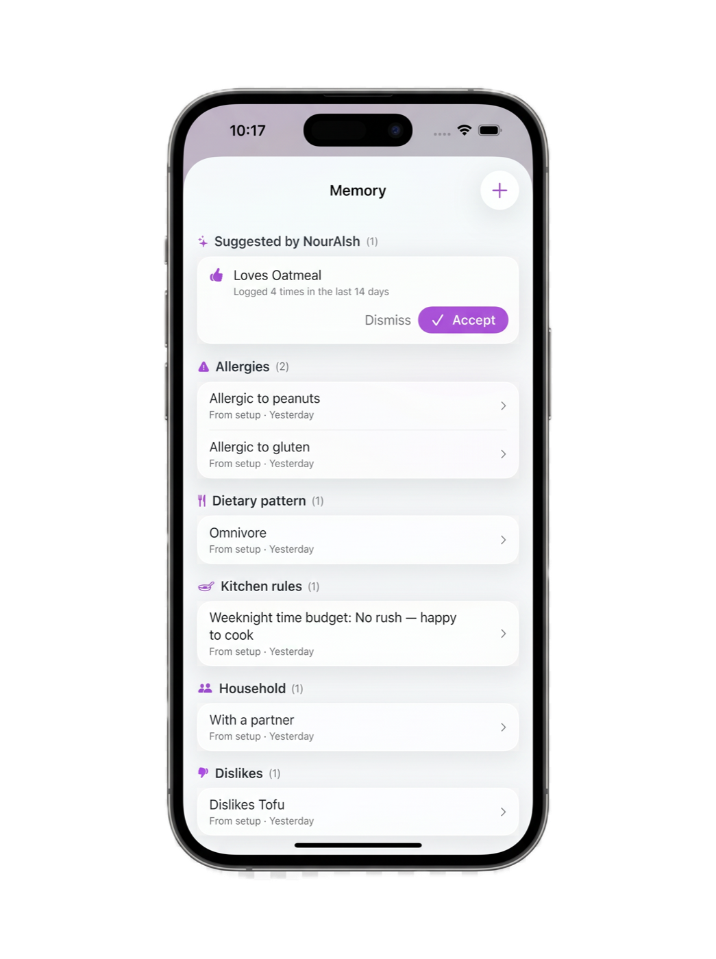 The NourAIsh AI Memory screen on iPhone, showing saved memories grouped into Allergies, Dietary pattern, Kitchen rules, Household and Dislikes
