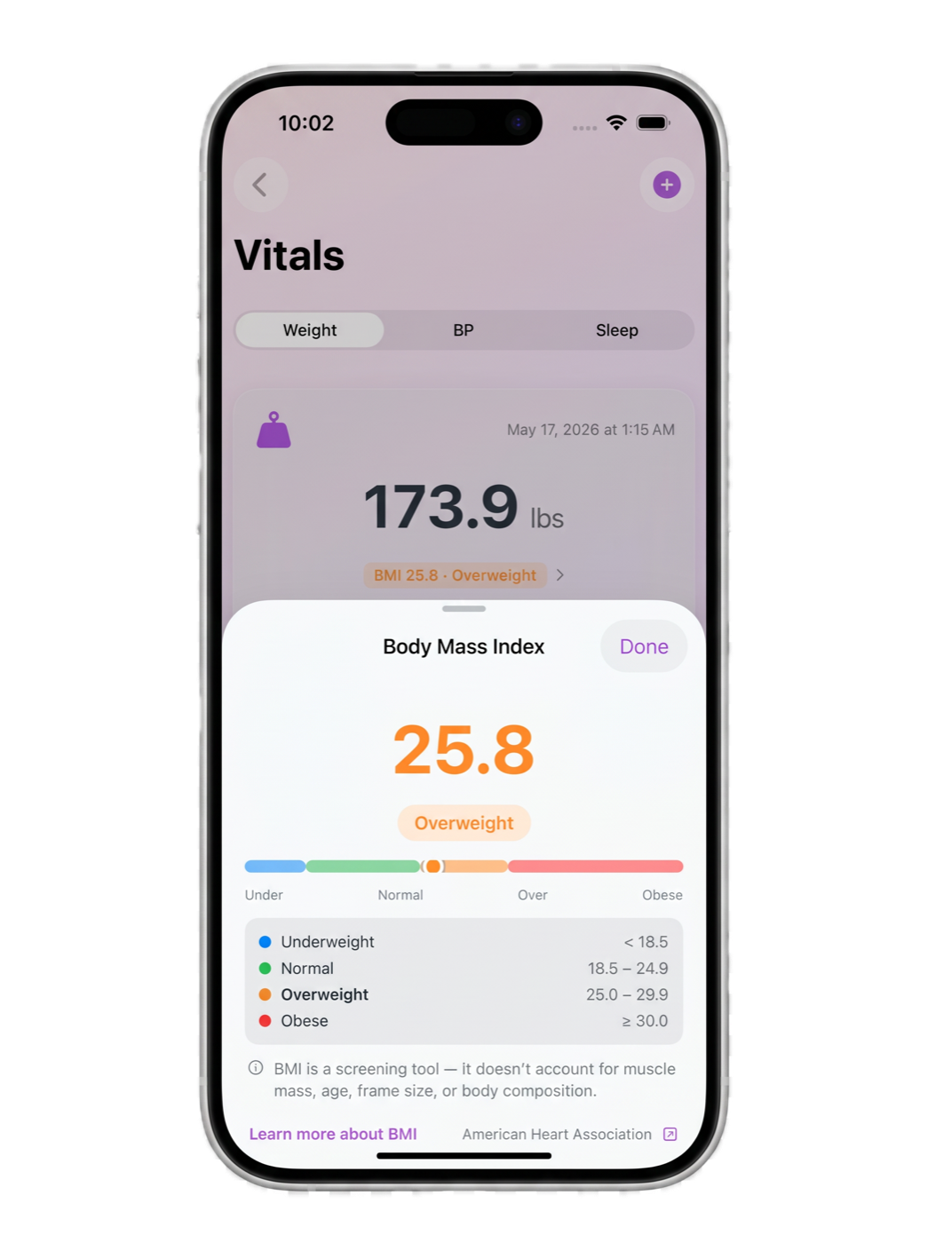 The NourAIsh Vitals screen on iPhone showing the weight reading with its colour-coded BMI pill and a full Body Mass Index breakdown