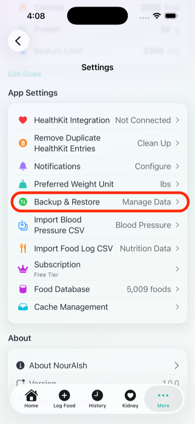Settings screen showing Backup & Restore option