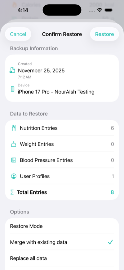 Restore confirmation screen showing backup info and restore mode options