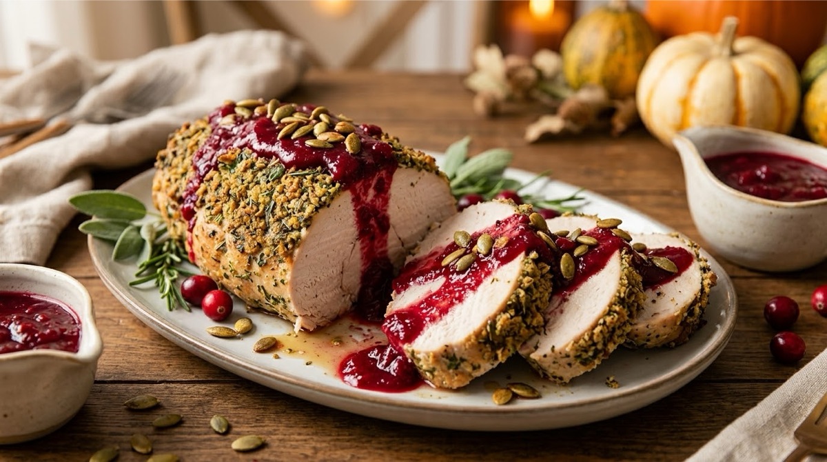 Crimson Crown Roast: Herb-Crusted Turkey Tenderloin with Spiced Cranberry Reduction