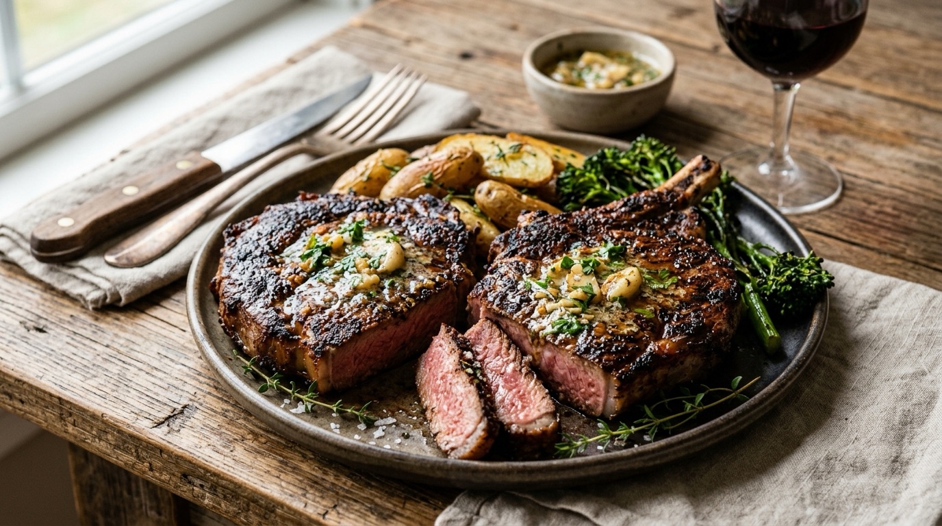 The King of the Coals: Espresso-Crusted Ribeyes with Smoked Garlic Butter
