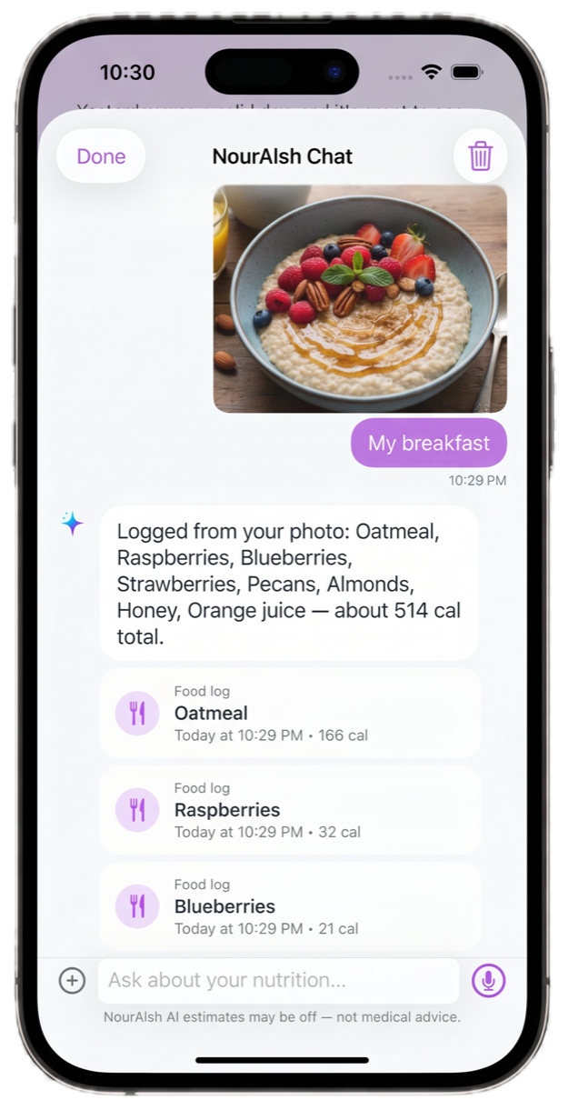 NourAIsh Chat showing a meal photo logged into separate Food log cards beneath the reply