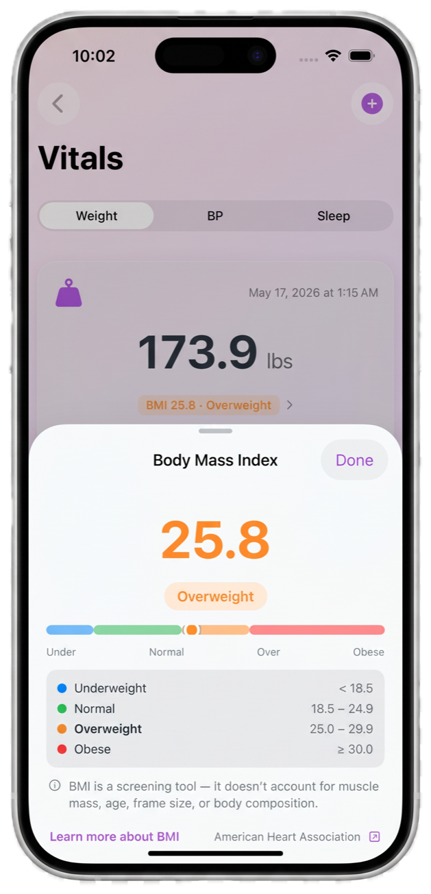 The NourAIsh vitals screen showing a weight reading with a colour-coded BMI pill and a full BMI breakdown