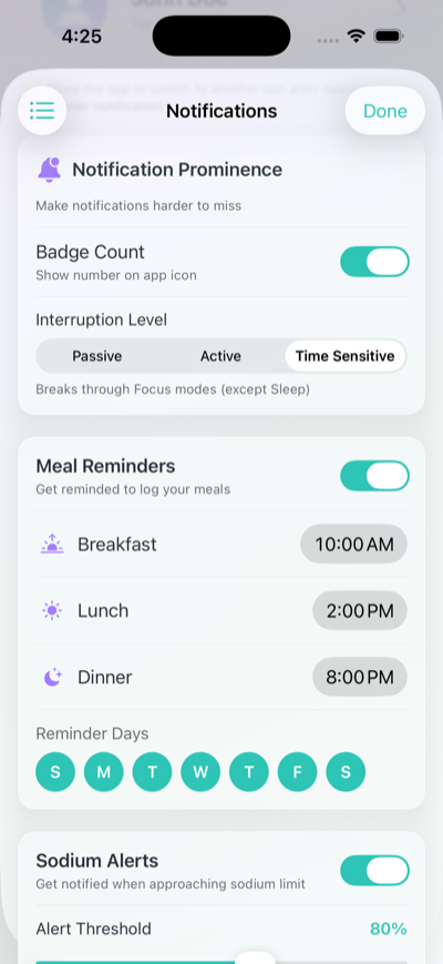Notification settings showing meal reminder times and day selection