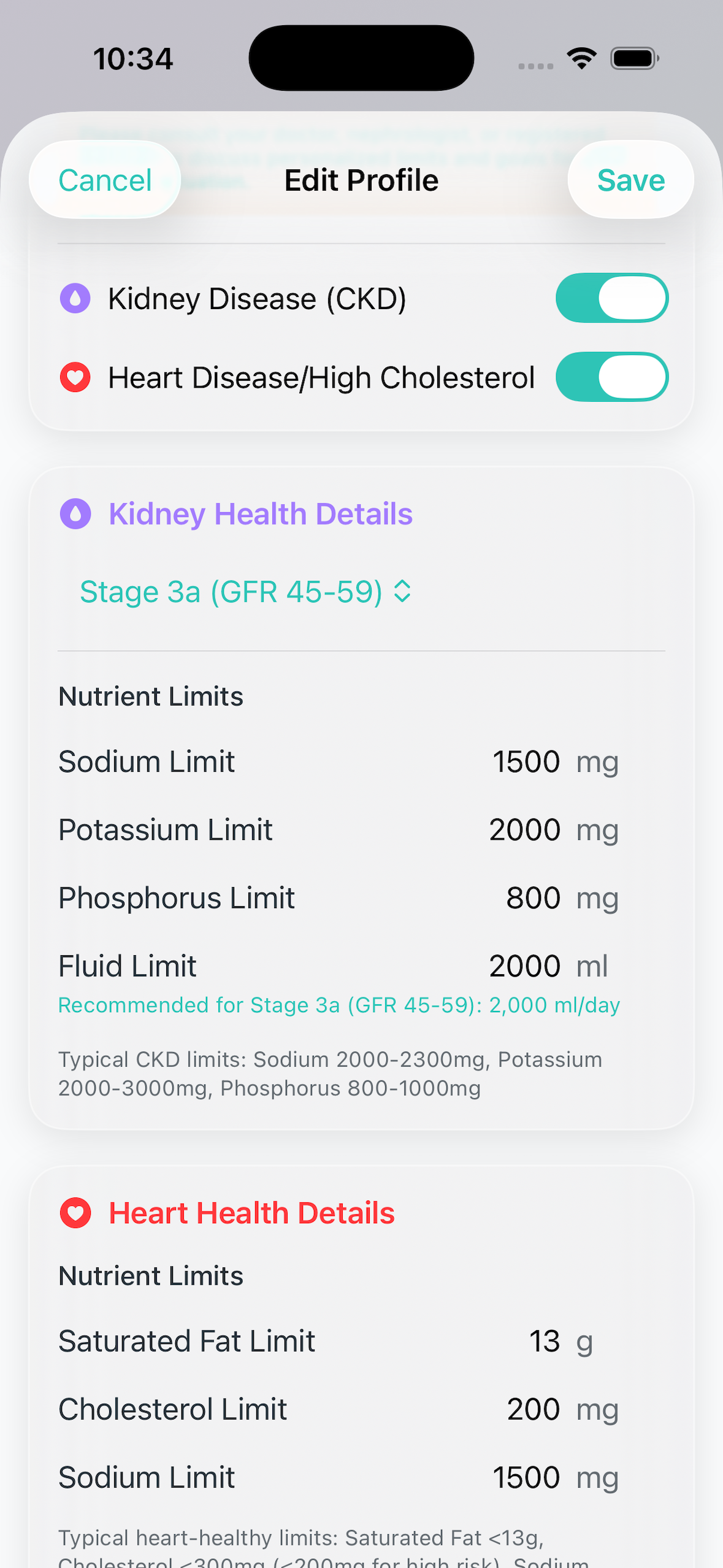 NourAIsh health condition settings with kidney and heart disease toggles