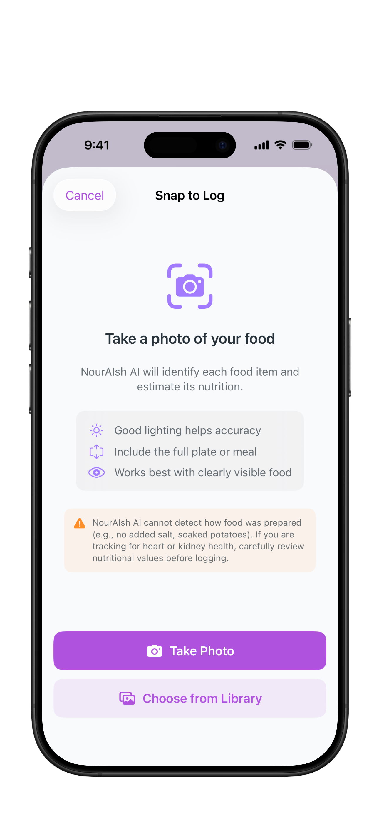 NourAIsh Snap to Log feature - take a photo to log your food