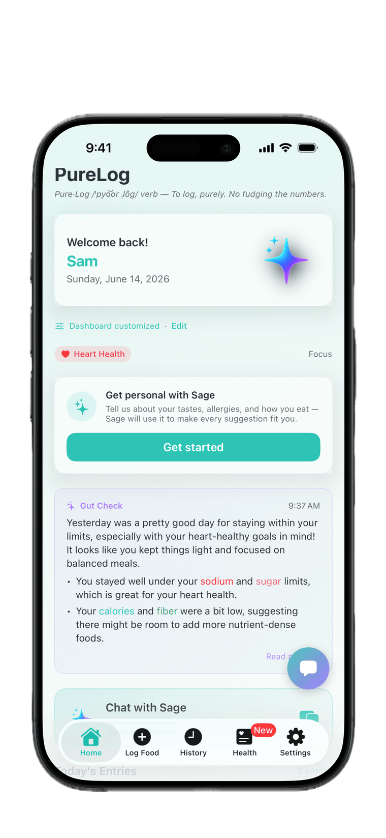 The PureLog Dashboard on iPhone — daily nutrition, the Gut Check recap, and Chat with Sage