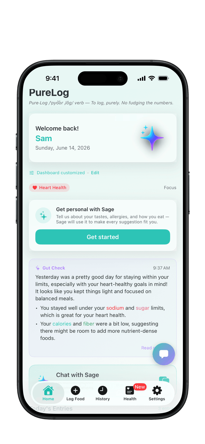 PureLog Dashboard on iPhone — daily nutrition, the Gut Check recap, and Chat with Sage