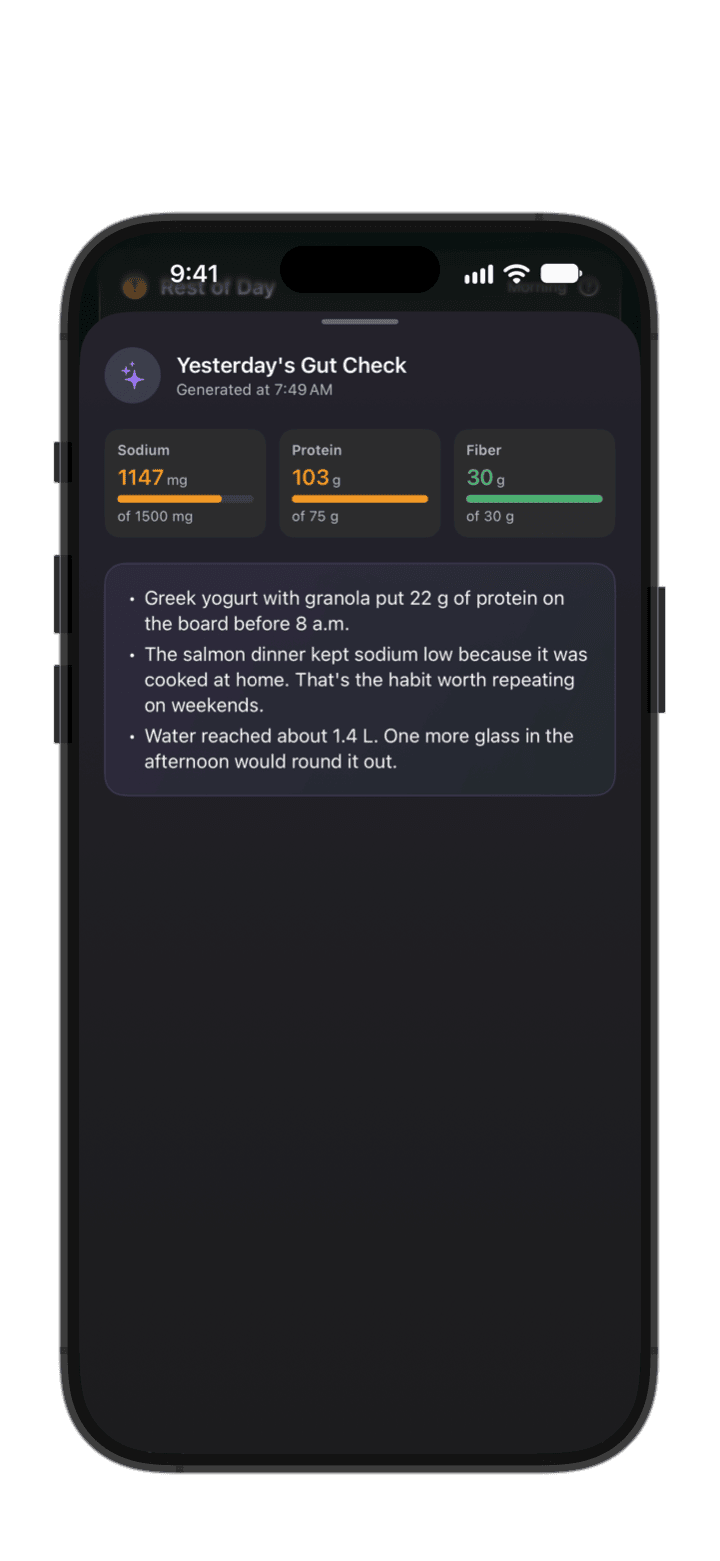 PureLog's Yesterday's Gut Check — sodium, protein and fiber against goals, and a recap naming the meals behind the numbers