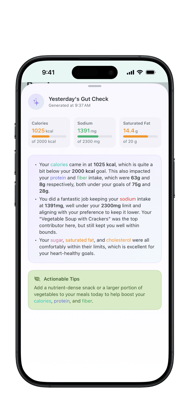 PureLog's Yesterday's Gut Check — a daily recap naming the foods behind flagged nutrients, with an actionable tip