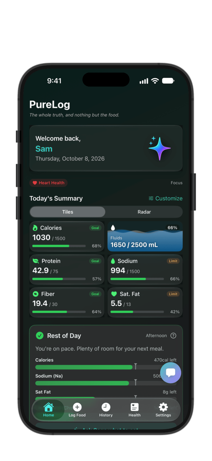PureLog Home on iPhone — a Heart Health focus, today's calories, protein, fluids, sodium, fiber and saturated fat, and the Sage chat button