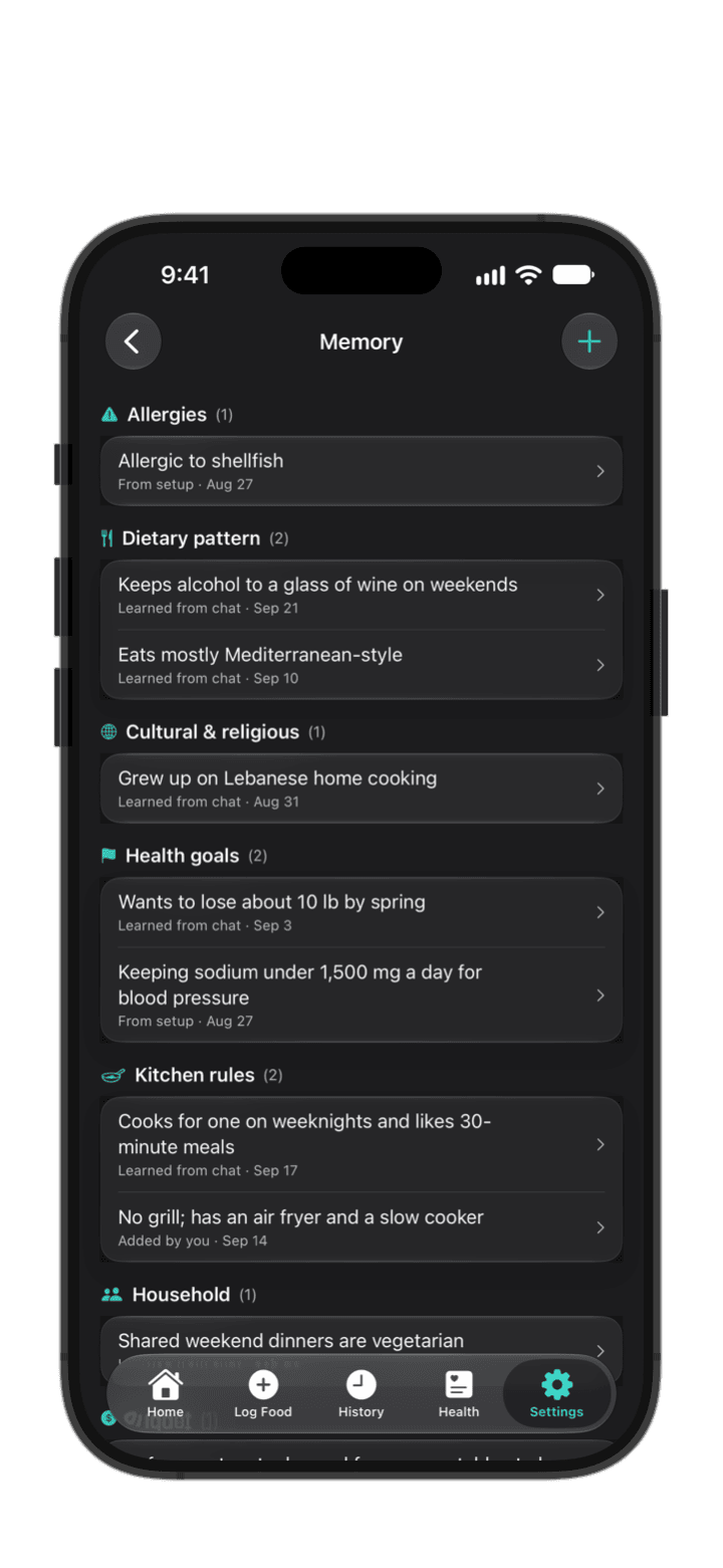 The Memory screen in PureLog — editable Allergies, Dietary pattern, Cultural and religious, Health goals, Kitchen rules, and Household