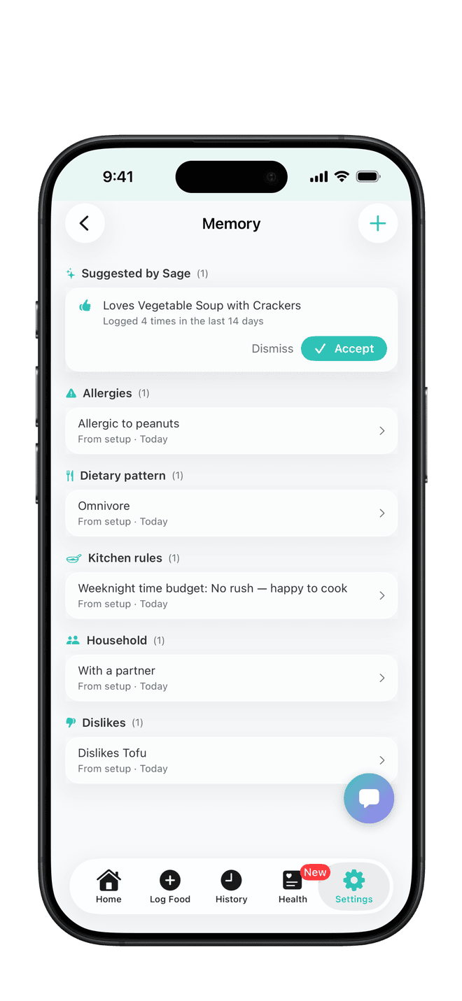 The Memory screen in PureLog — a Sage suggestion to accept, plus editable Allergies, Dietary pattern, Kitchen rules, Household, and Dislikes