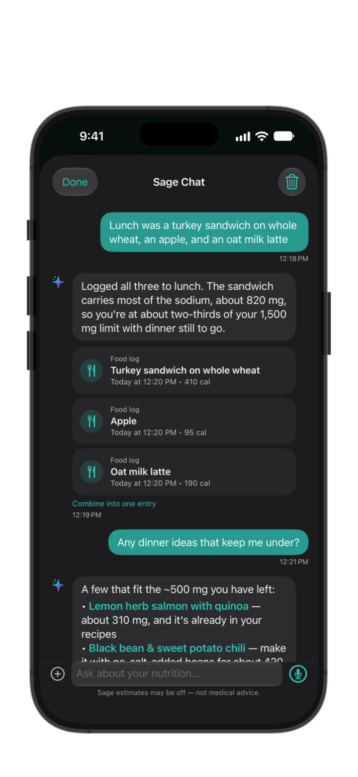 Chat with Sage on iPhone — a lunch logged as separate Food log entries, then low-sodium dinner ideas that fit what's left of the day
