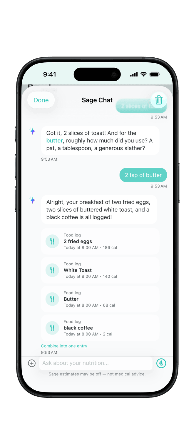 Chat with Sage on iPhone — a breakfast logged into separate Food log entries from the conversation