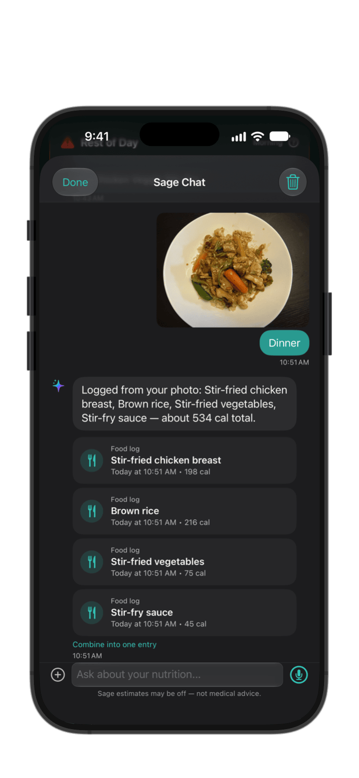 Snap to Log inside Chat with Sage — a photographed stir-fry logged as chicken, brown rice, vegetables and sauce