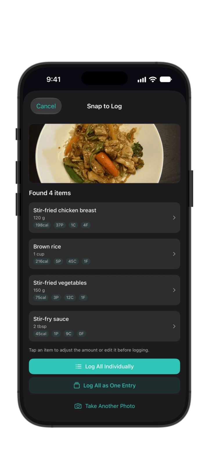 Snap to Log in PureLog — a photographed plate with each detected food item and its estimated nutrition