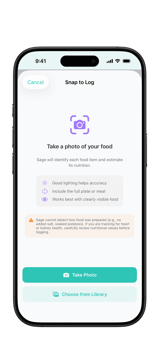 Snap to Log in PureLog — a photographed plate with each detected food item and its estimated nutrition
