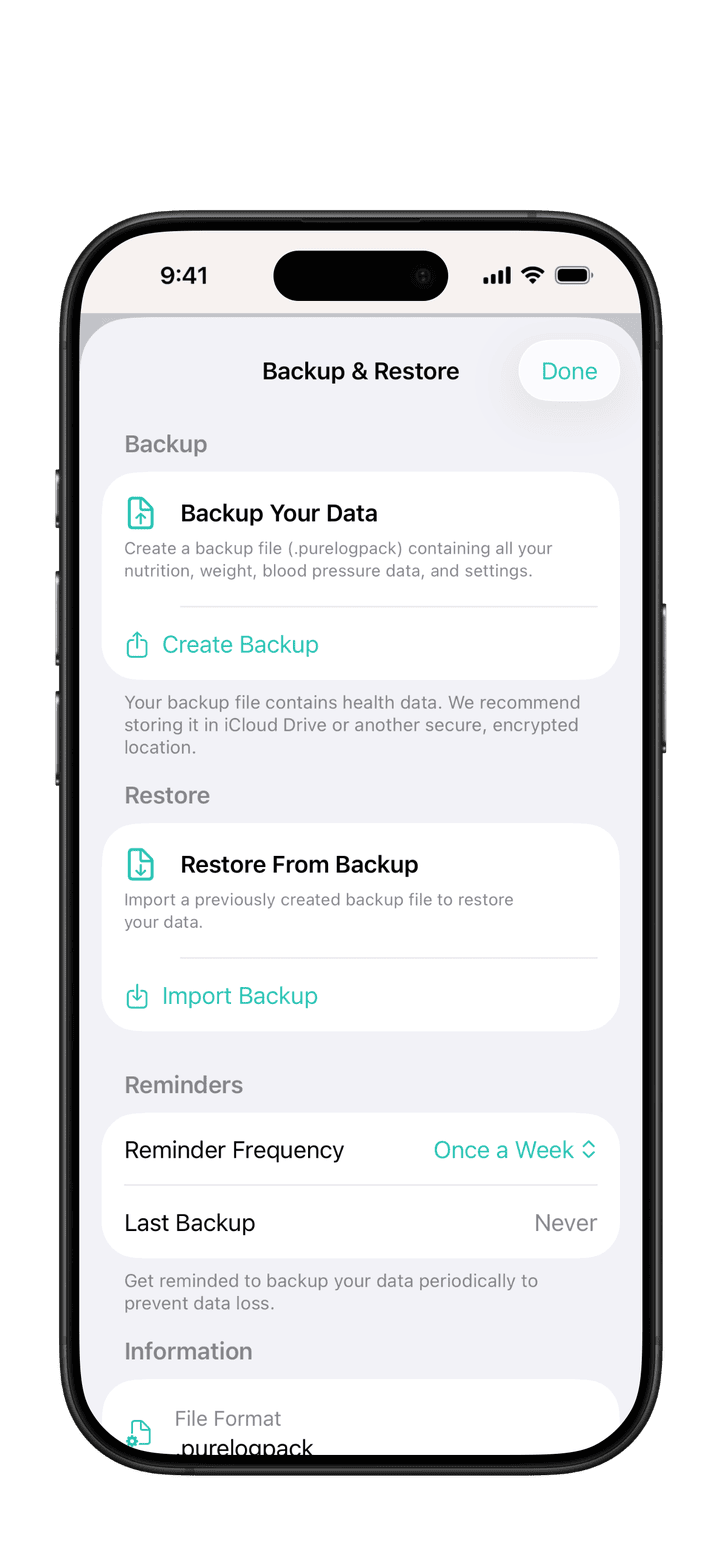 PureLog Settings > Backup & Restore showing the Create Backup screen