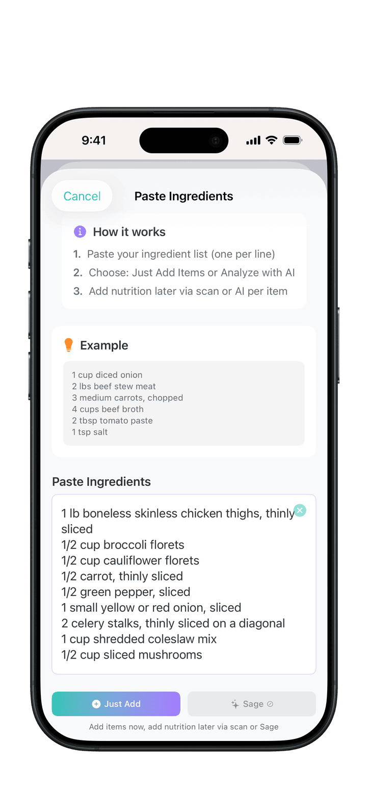 PureLog bulk ingredient paste view with a text area for pasting an ingredient list, plus Just Add and Sage options
