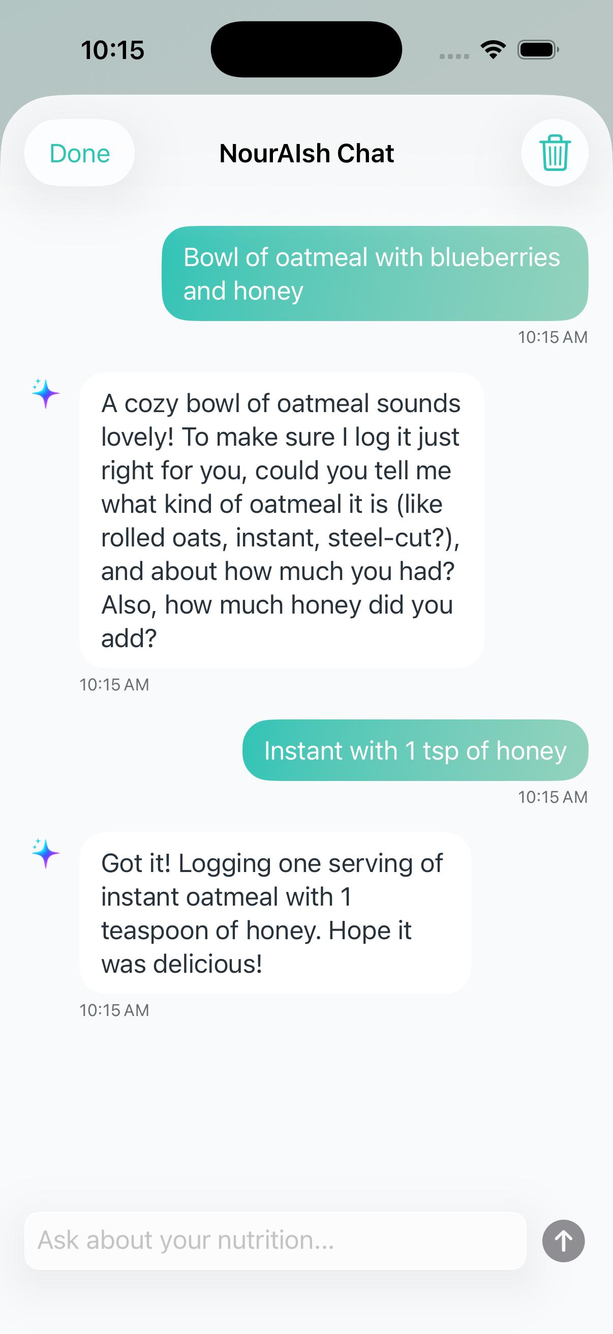 Chat with NourAIsh AI interface showing meal analysis