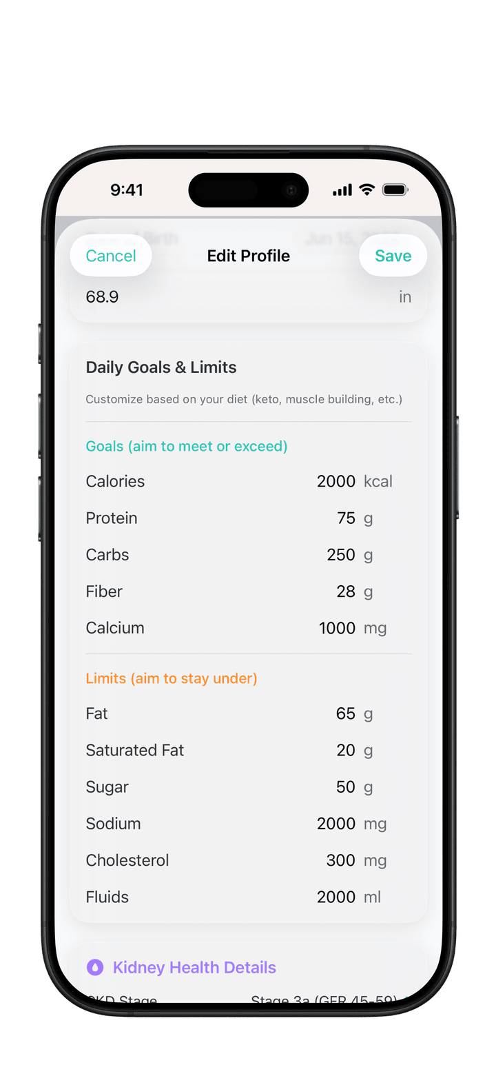 PureLog Edit Profile screen showing Daily Goals and Limits for calories, protein, carbs, and more