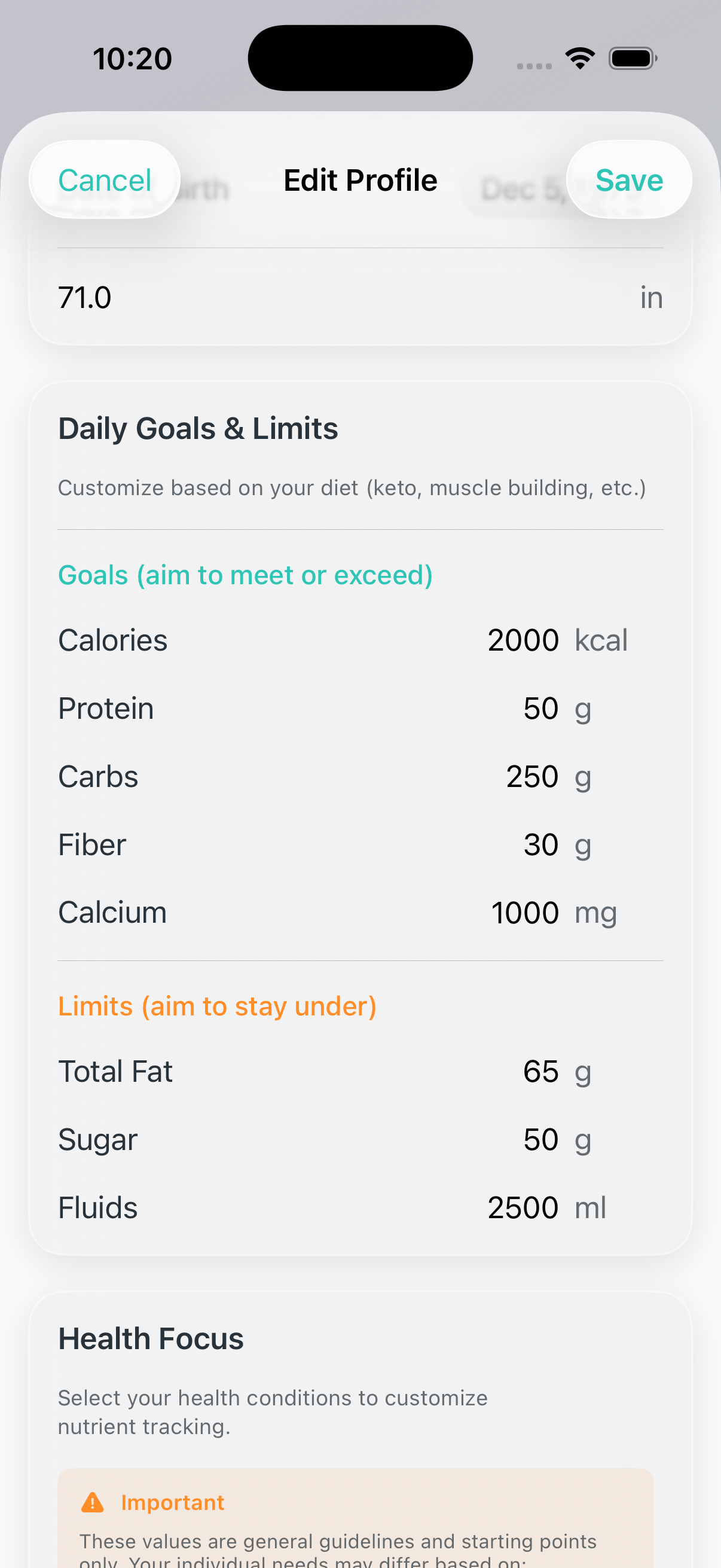 Edit Profile screen showing Daily Goals & Limits section with calories, protein, carbs, and other nutrients