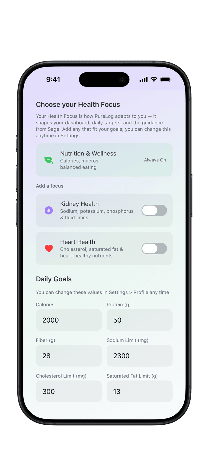 PureLog Health Focus setup with Kidney and Heart mode toggles and the CKD Stage picker