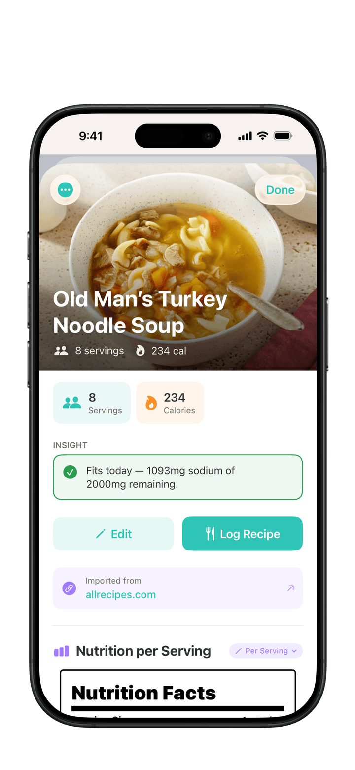PureLog imported recipe showing source attribution with a link back to the original website