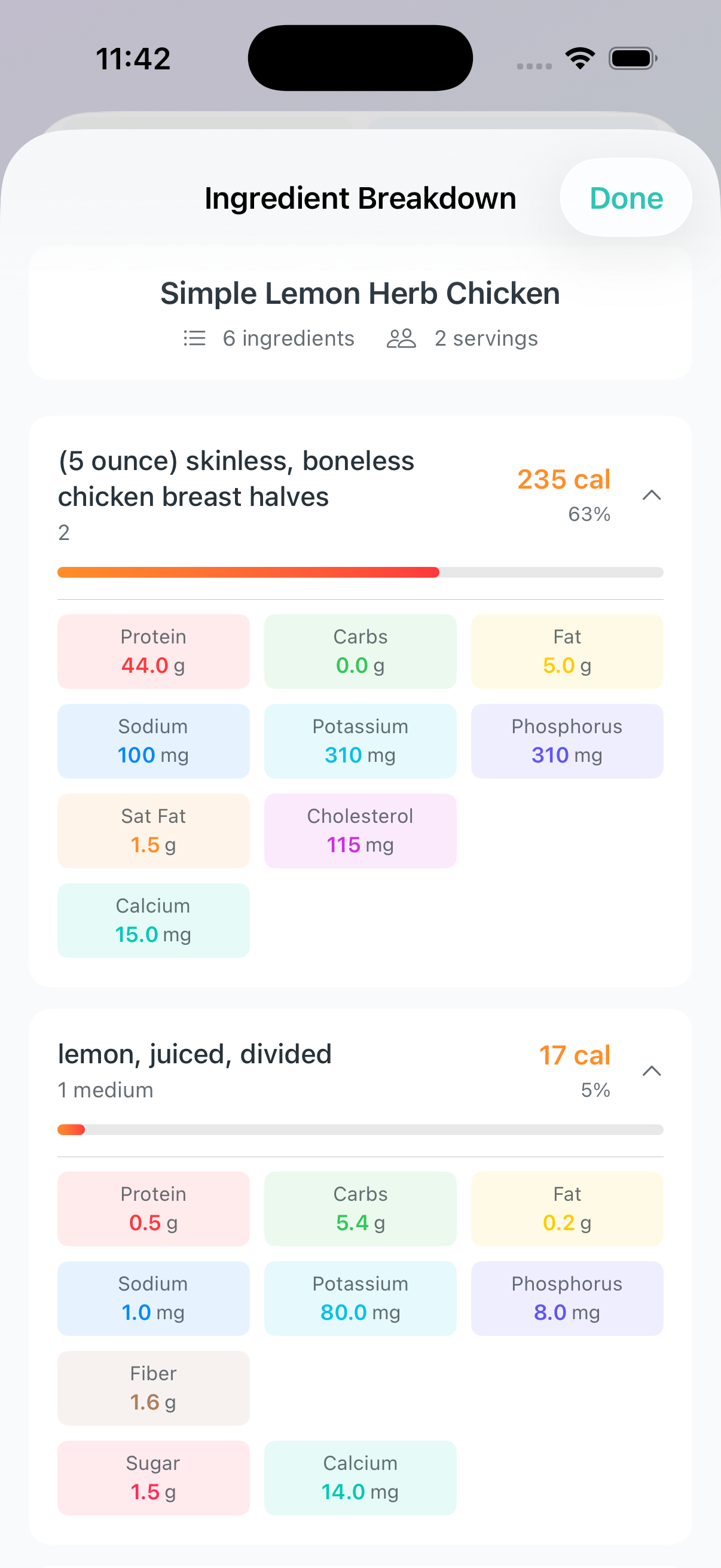 Ingredient breakdown view showing nutrition contribution per ingredient