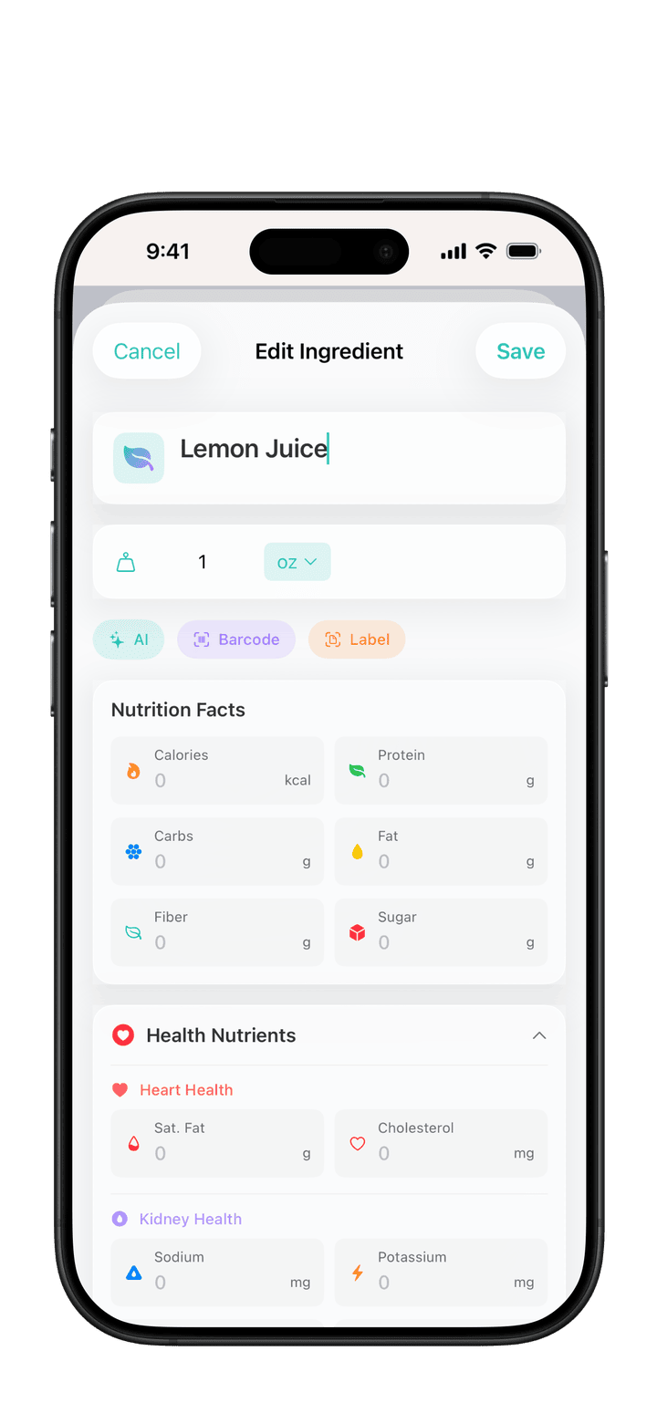 PureLog ingredient editor showing nutrition entry options: AI, Barcode, Label, Suggestions, and Manual