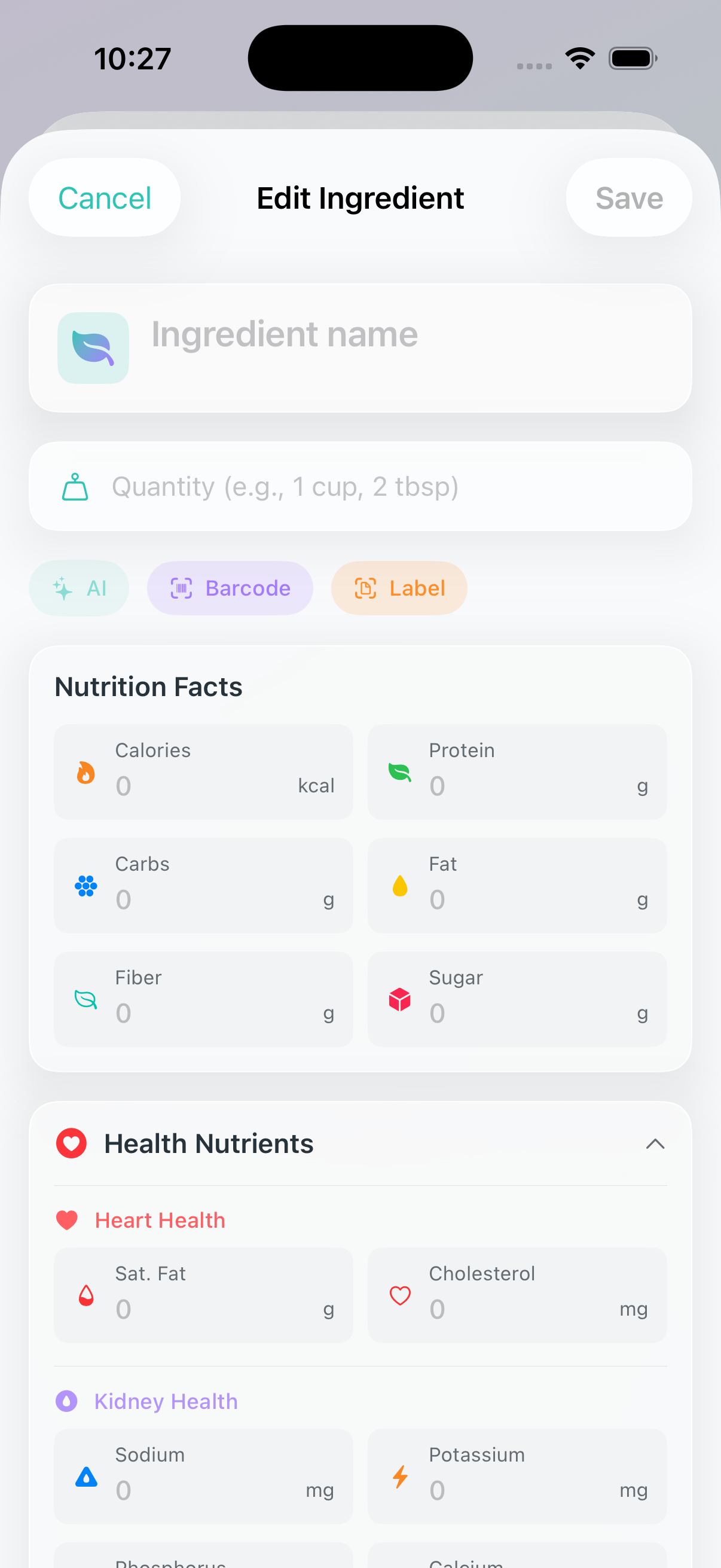 Ingredient editor showing nutrition entry options including AI, Barcode, Label, Suggestions, and Manual