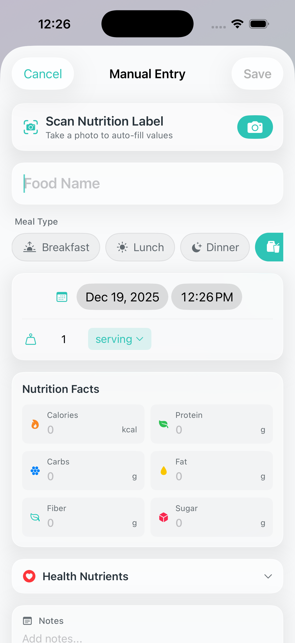 Manual Entry form showing food name and nutrition fields