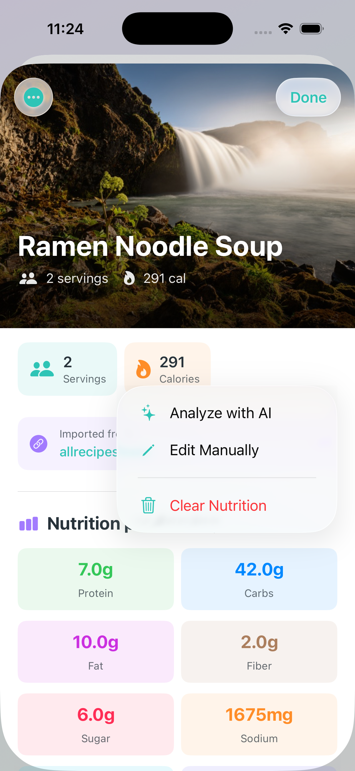 Recipe detail view showing nutrition source dropdown with options to re-analyze, enter manually, or clear nutrition