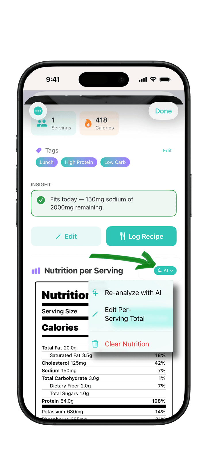 PureLog nutrition source options menu showing Re-analyze with Sage, Enter Manually, and Clear Nutrition