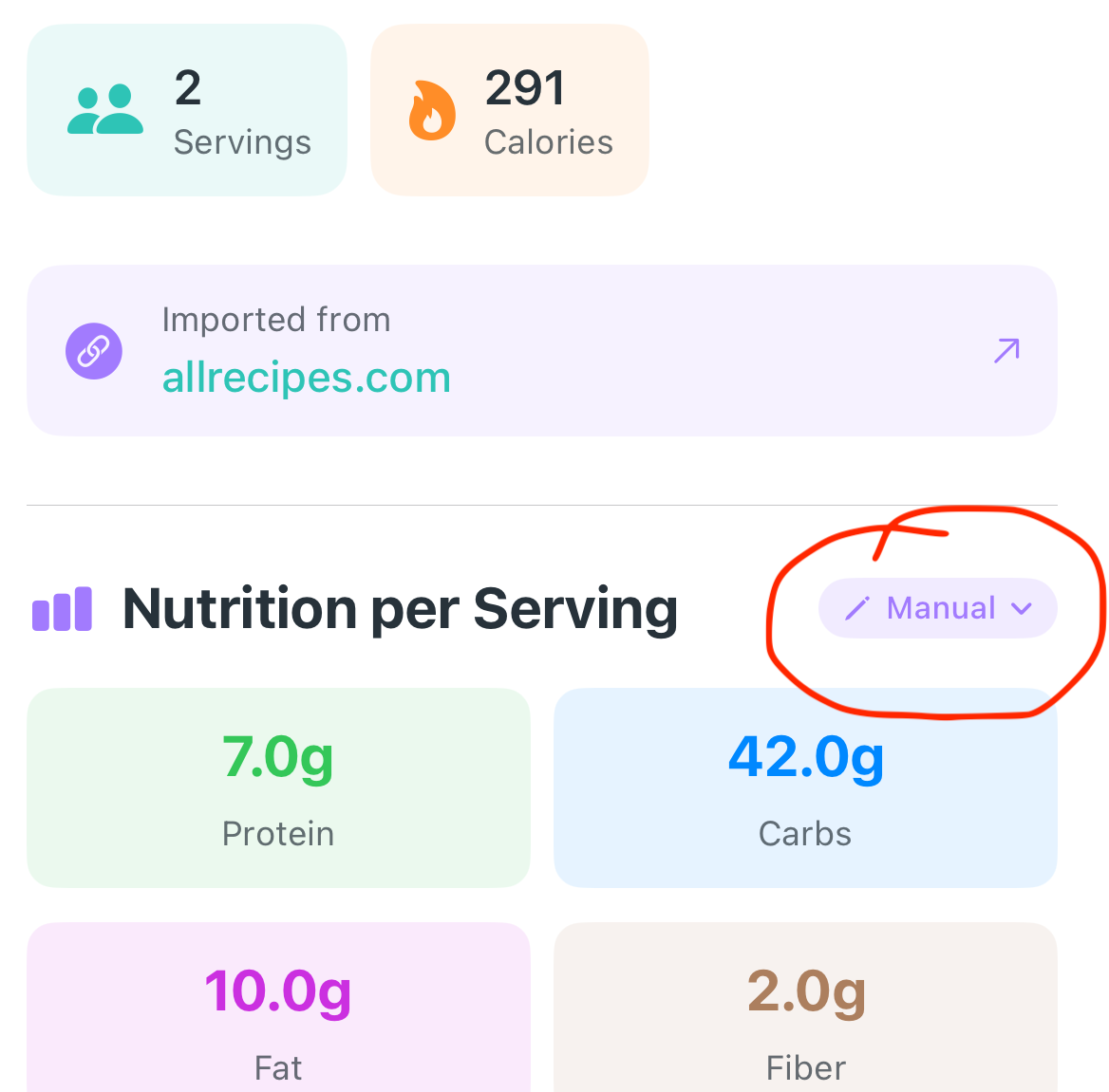 Nutrition source options menu showing Analyze with AI, Edit Manually, and Clear Nutrition