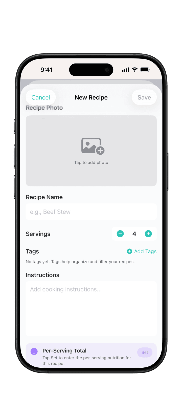 PureLog Quick Recipe builder showing recipe name, servings, photo, and ingredient options