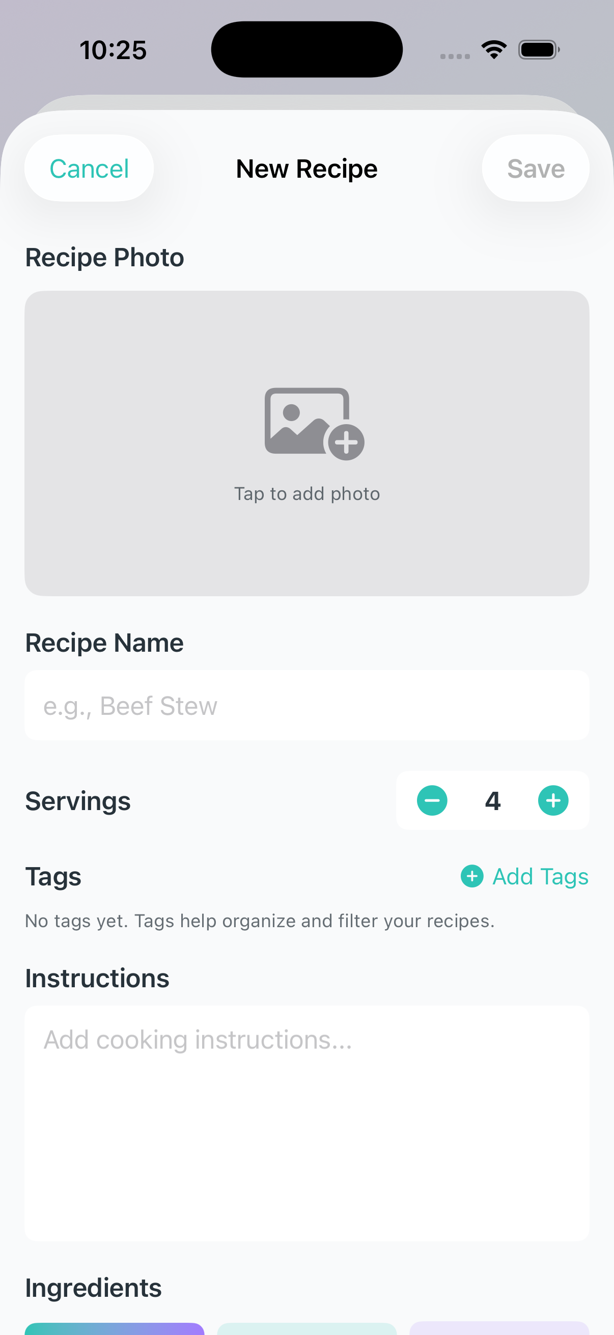 Recipe Builder screen showing name, servings, and ingredients fields
