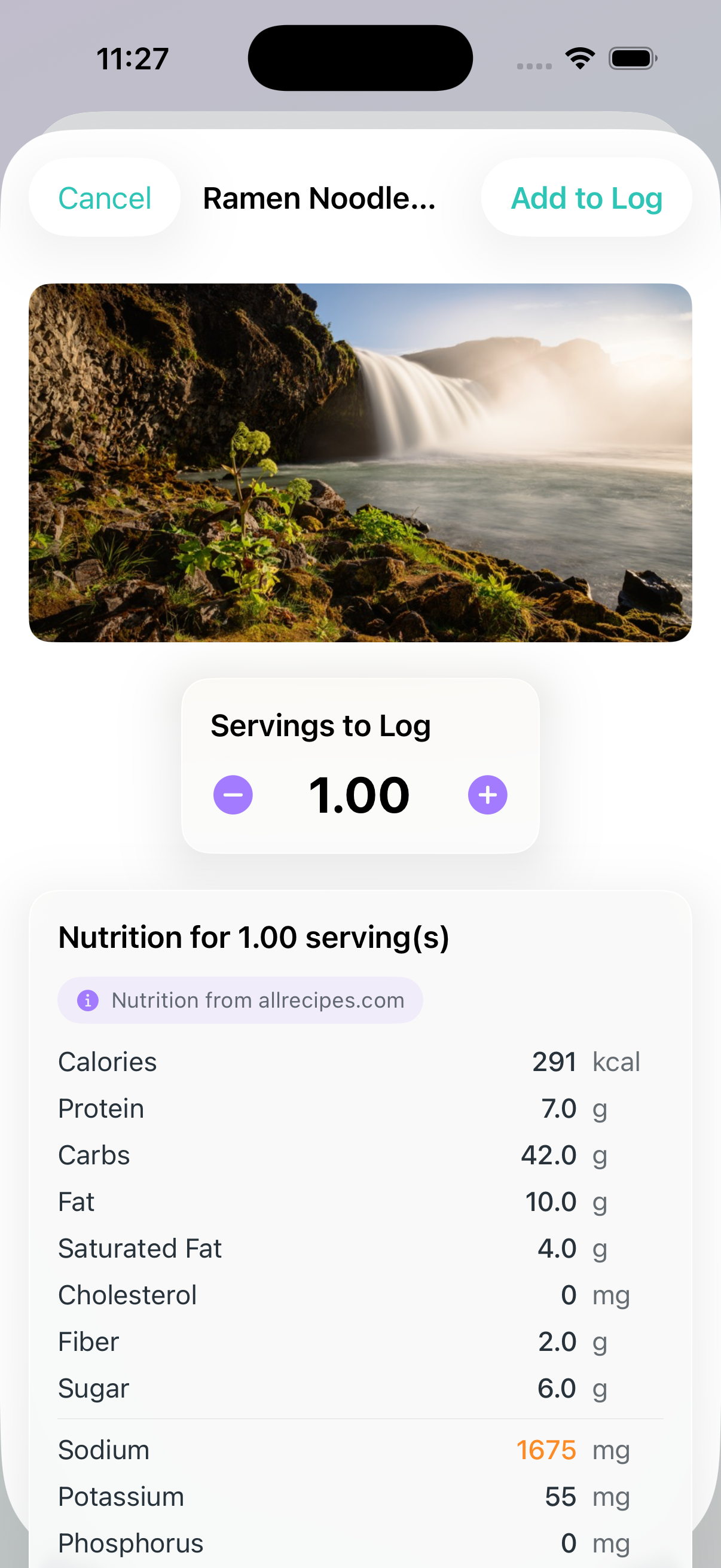 Recipe logger view showing servings adjuster and meal type selector