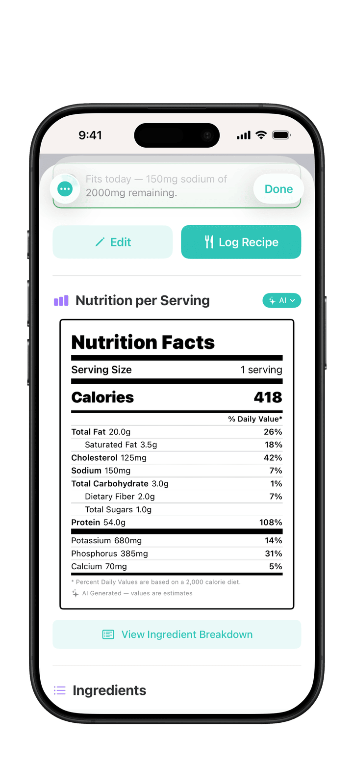 PureLog recipe detail showing the full nutrition breakdown grid