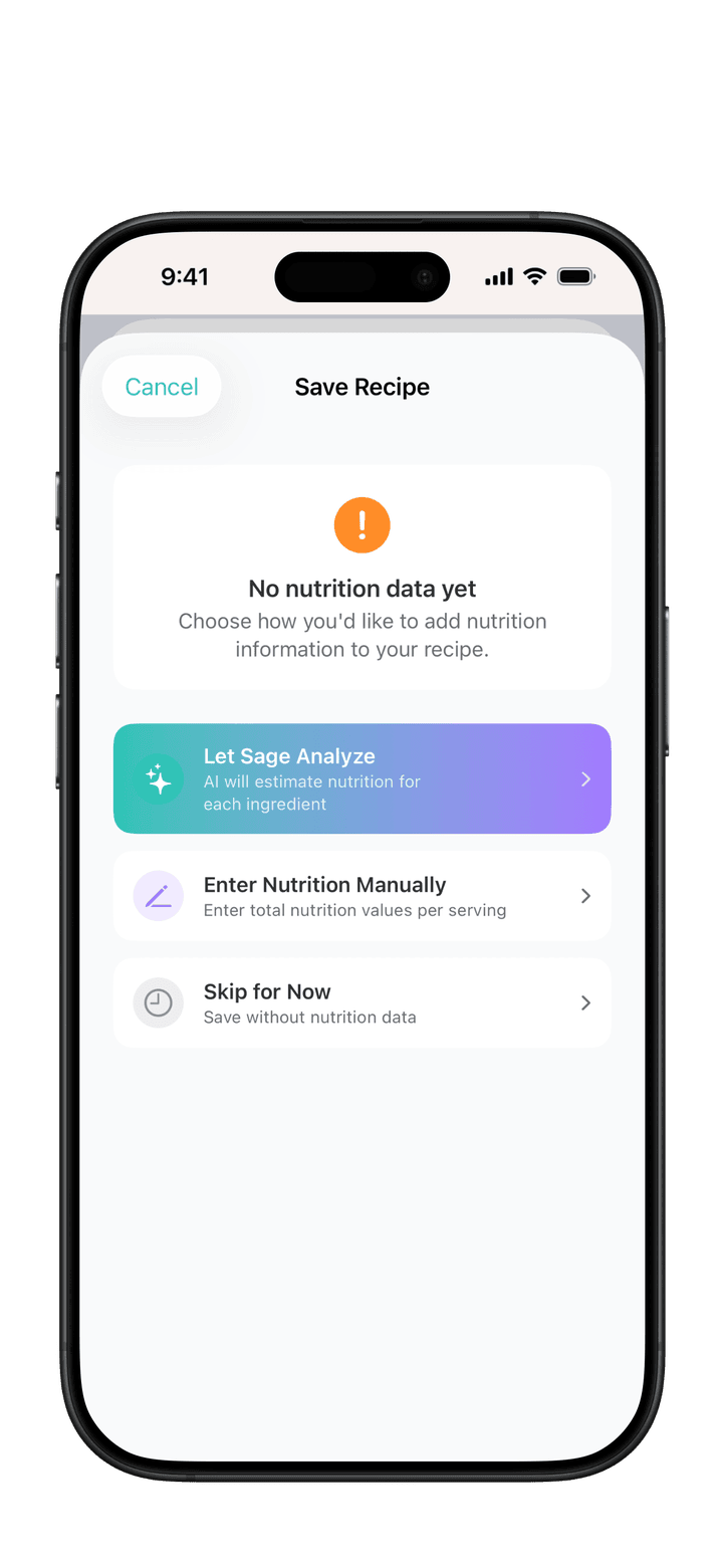 PureLog recipe nutrition method picker with Let Sage Analyze, Enter Manually, and Skip options
