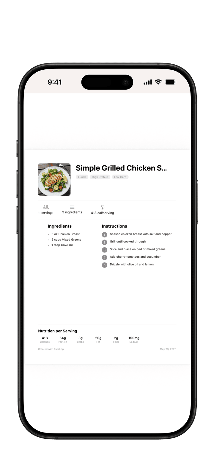 PureLog PDF preview showing a formatted recipe with photo, nutrition, ingredients, and instructions
