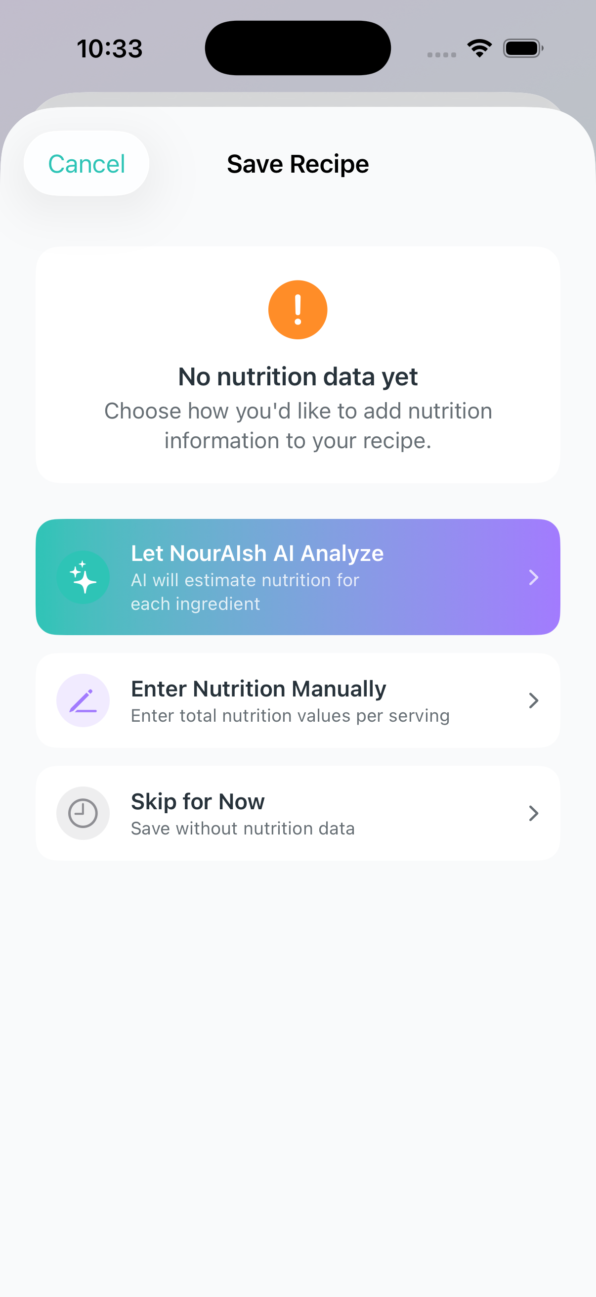 Nutrition method selection showing AI Analyze, Manual Entry, and Skip options