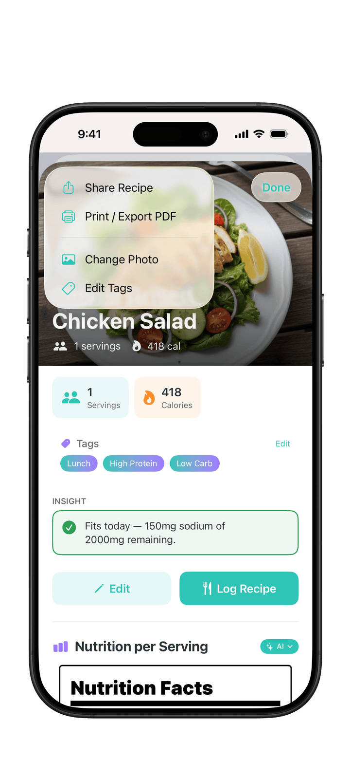 PureLog recipe detail menu showing the Share Recipe option